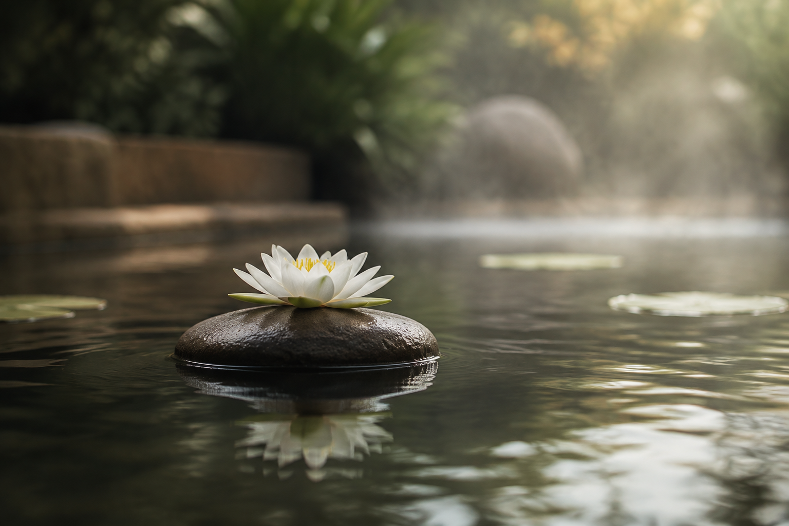 Weiße Seerose auf einem dunklen Stein in ruhigem Wasser